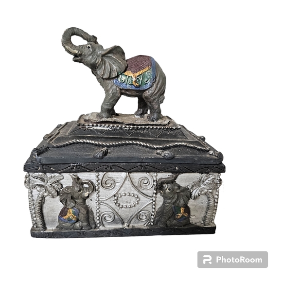 Handpainted Elephant Trinket Jewelry Keepsake Box Resin 6"x4" Eastern Decor - Picture 1 of 6